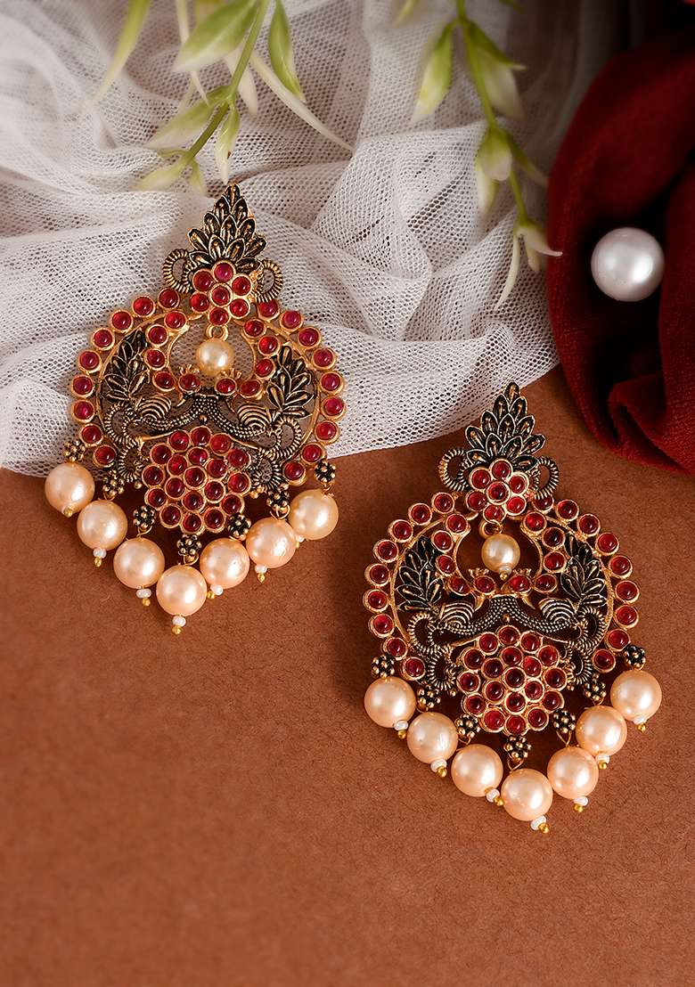 Enchanting Red Kemp Stone And Pearls Chandbali Earrings - Indya