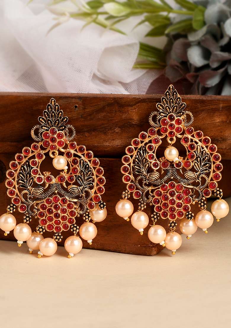 Enchanting Red Kemp Stone And Pearls Chandbali Earrings - Indya