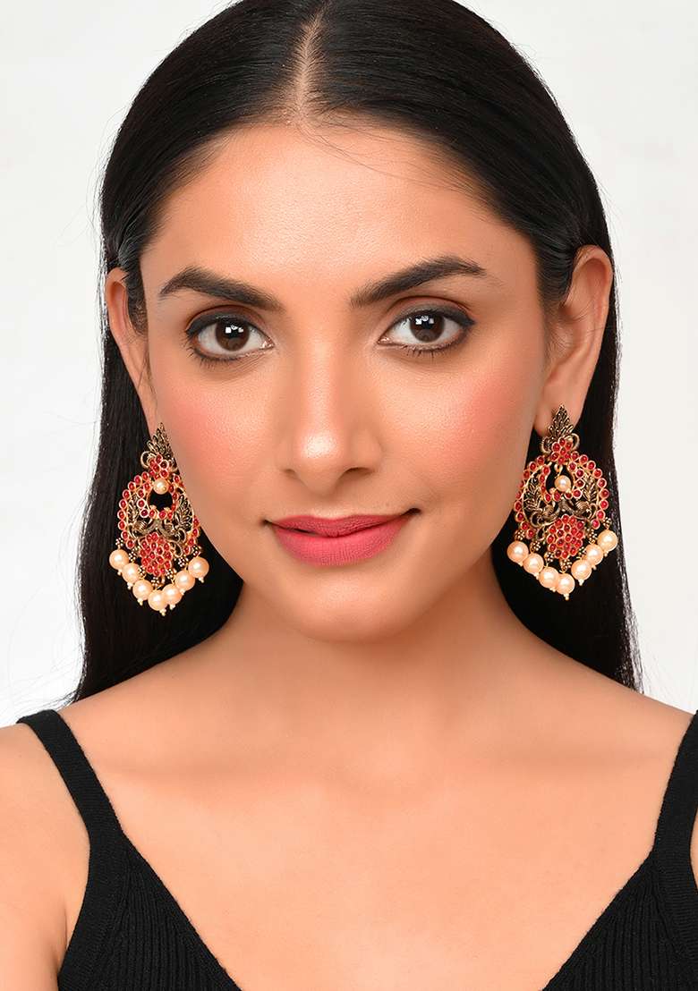 Enchanting Red Kemp Stone And Pearls Chandbali Earrings - Indya