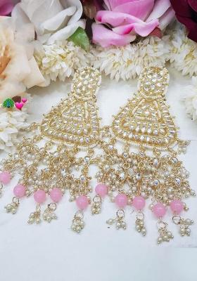 Gold Plated Light Pink Beads Kundan Dangler Earrings