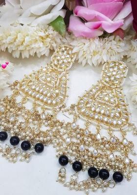 Gold Plated Black Beads Kundan Dangler Earrings
