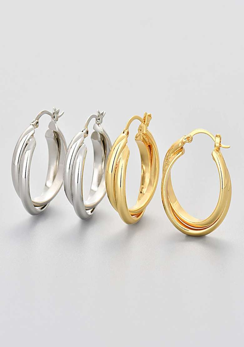 18K Silver Plated Waterproof Anti Tarnish Double Thick Hoop Earrings - Indya