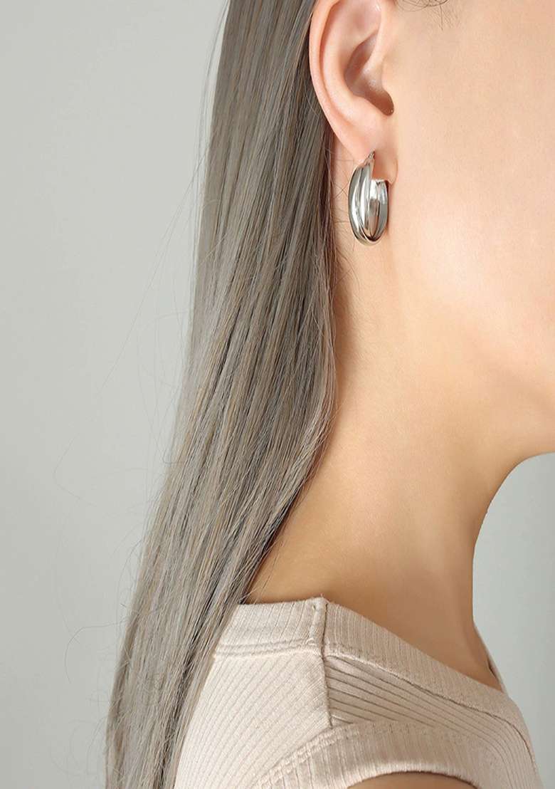 18K Silver Plated Waterproof Anti Tarnish Double Thick Hoop Earrings - Indya