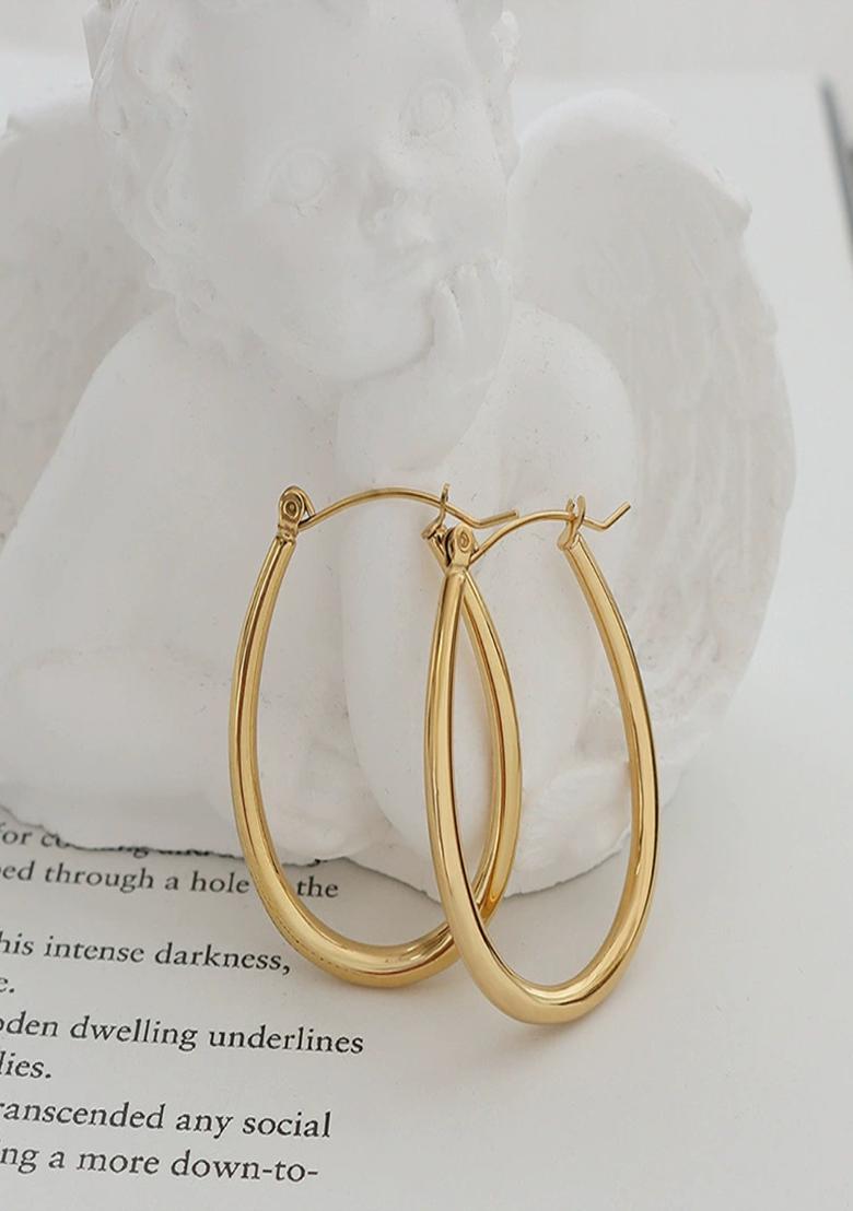 18K Gold Plated Waterproof Anti Tarnish Oval Long Hoop Earrings - Indya