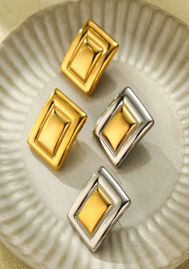 18K Plated Waterproof Anti Tarnish Two Toned Statement Rectangle Stud Earrings - Indya
