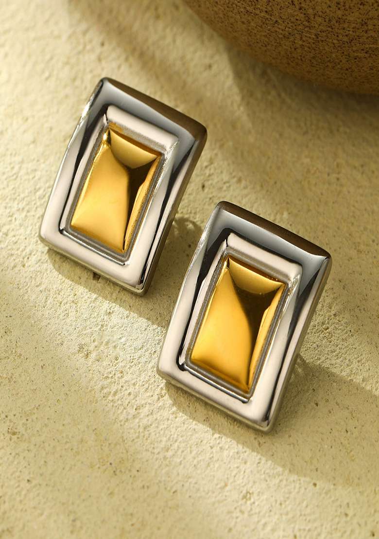 18K Plated Waterproof Anti Tarnish Two Toned Statement Rectangle Stud Earrings - Indya