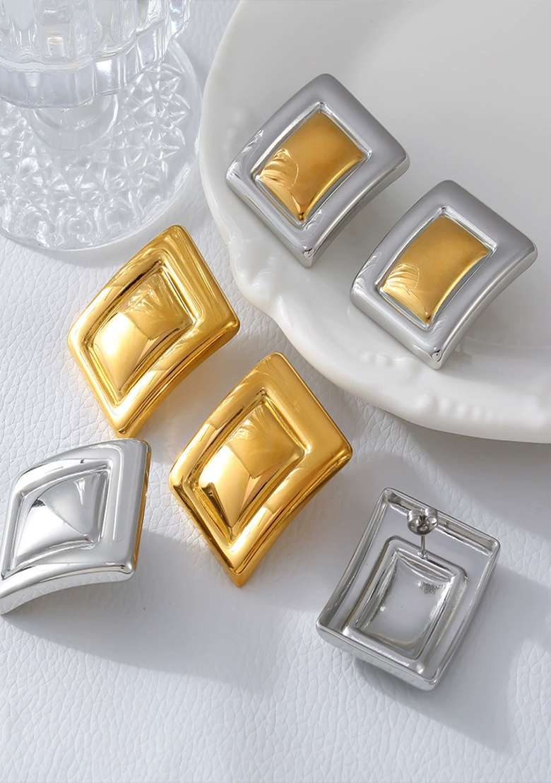 18K Plated Waterproof Anti Tarnish Two Toned Statement Rectangle Stud Earrings - Indya