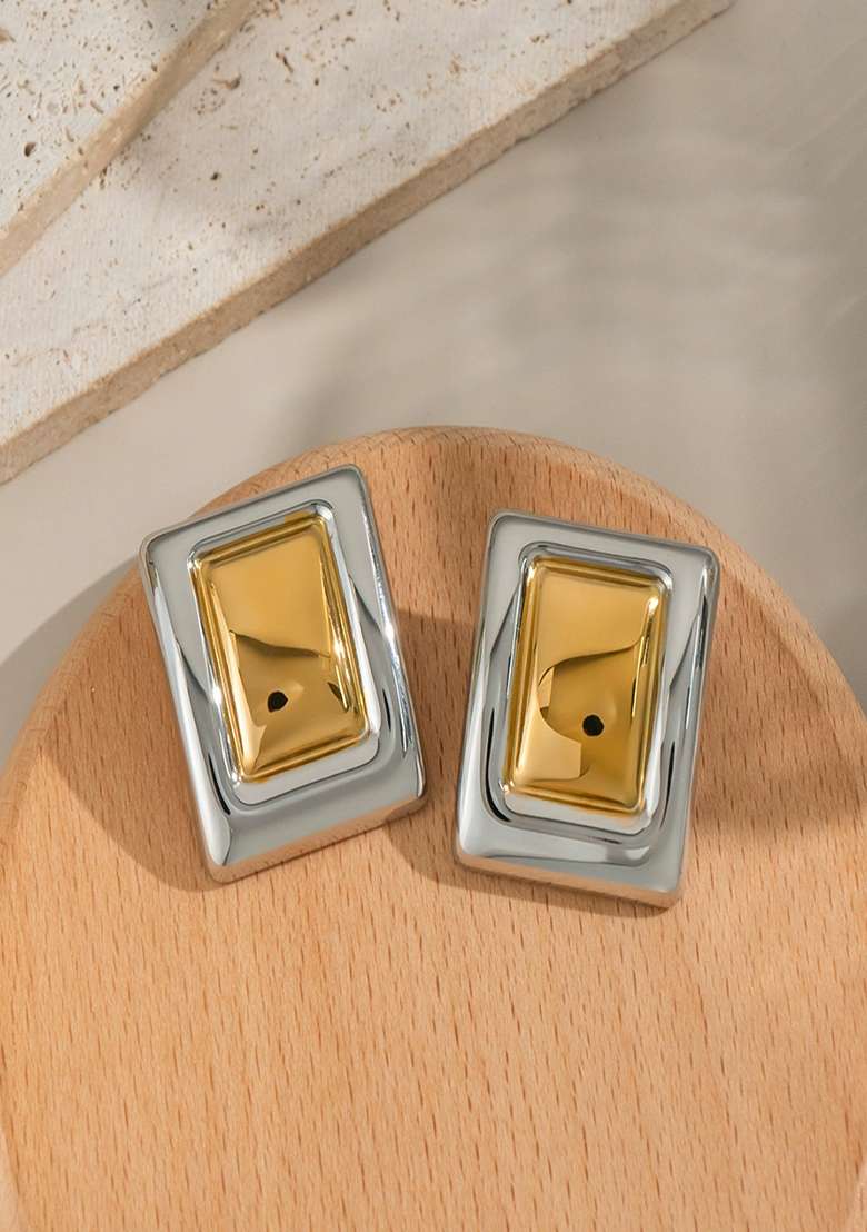 18K Plated Waterproof Anti Tarnish Two Toned Statement Rectangle Stud Earrings - Indya