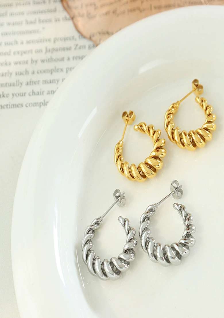 18K Silver Plated Waterproof Anti Tarnish Spiral Half Hoop Earrings - Indya