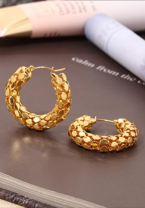 18K Gold Plated Waterproof Anti Tarnish Fish Scale Chunky Hoop Earrings