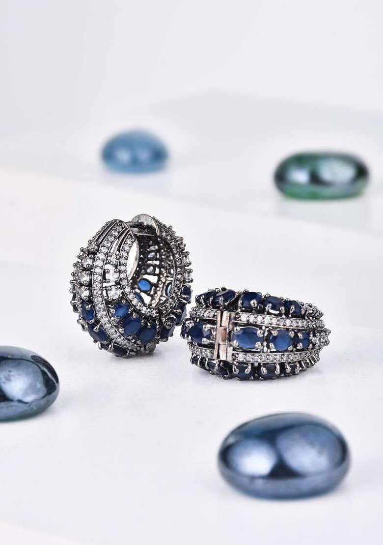 Rhodium Plated Cubic Zirconia Studded Oval Hoop Earrings - Indya