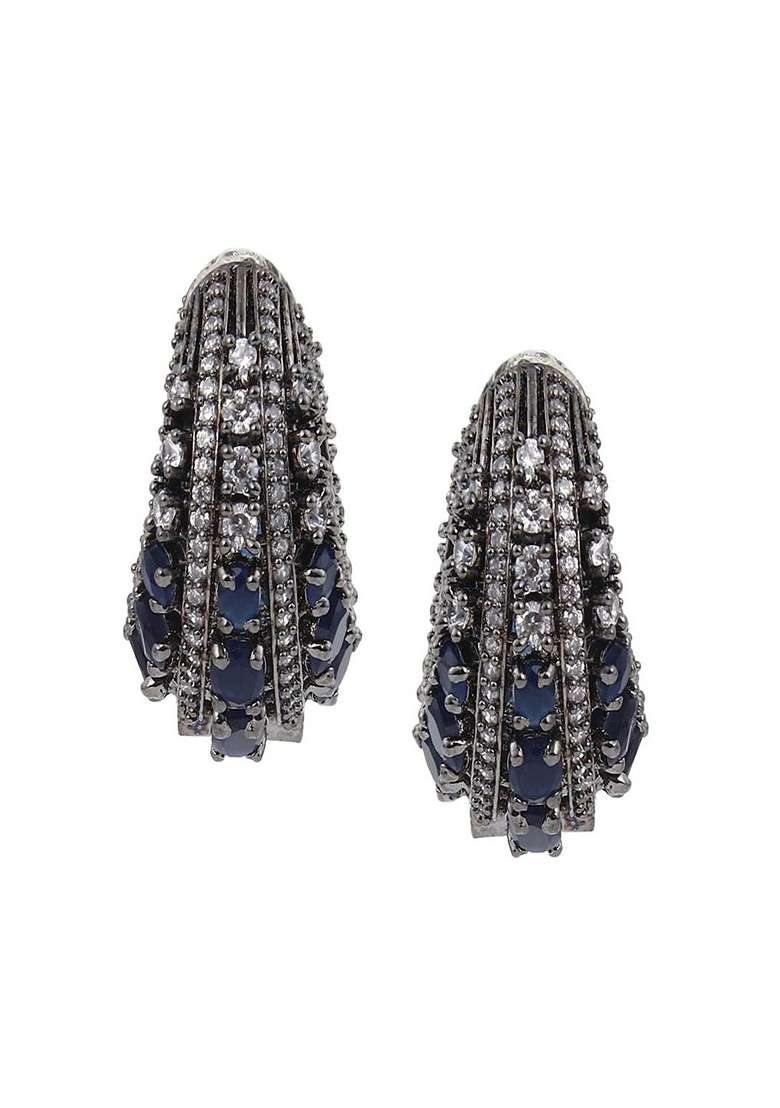 Rhodium Plated Cubic Zirconia Studded Oval Hoop Earrings - Indya