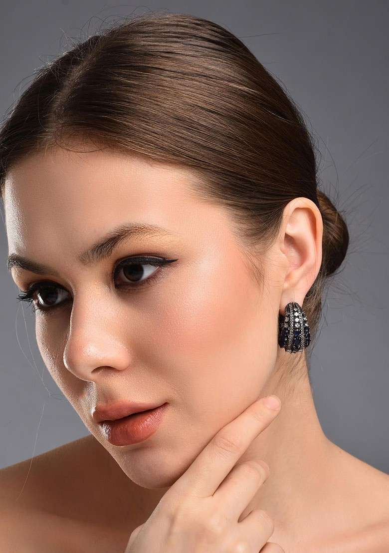Rhodium Plated Cubic Zirconia Studded Oval Hoop Earrings - Indya