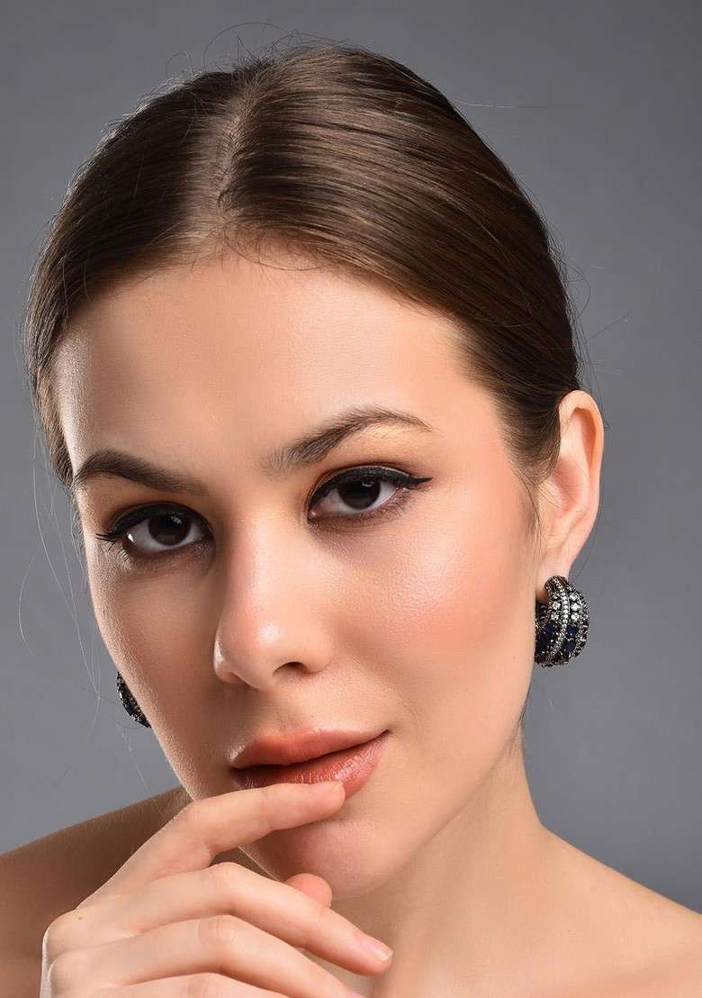 Rhodium Plated Cubic Zirconia Studded Oval Hoop Earrings - Indya