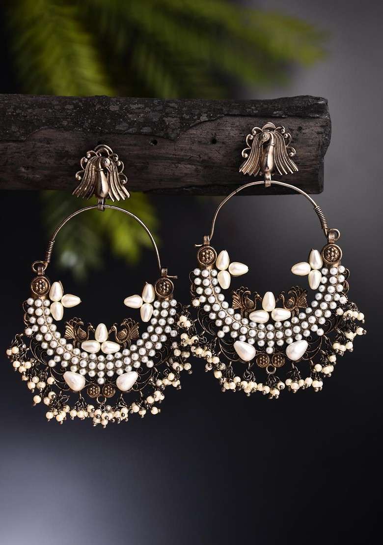 Rhodium Plated Pearls Beaded Oval Shaped Chandbalis - Indya