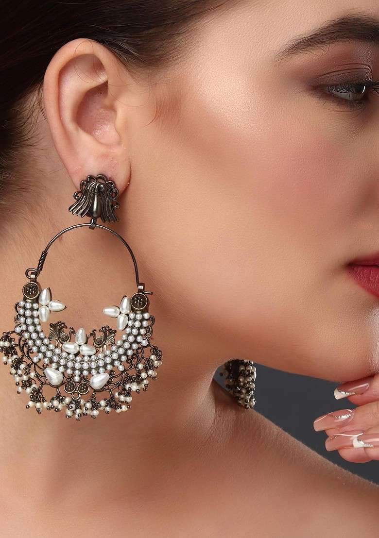 Rhodium Plated Pearls Beaded Oval Shaped Chandbalis - Indya