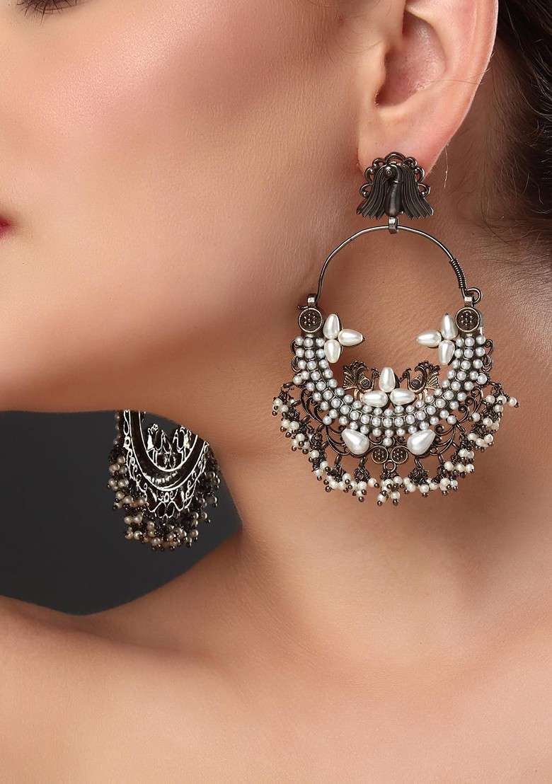 Rhodium Plated Pearls Beaded Oval Shaped Chandbalis - Indya