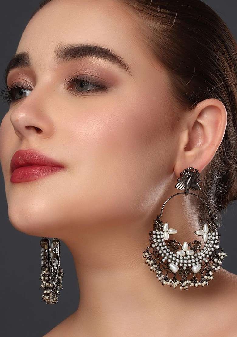 Rhodium Plated Pearls Beaded Oval Shaped Chandbalis - Indya