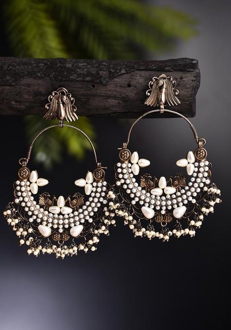 Rhodium Plated Pearls Beaded Oval Shaped Chandbalis