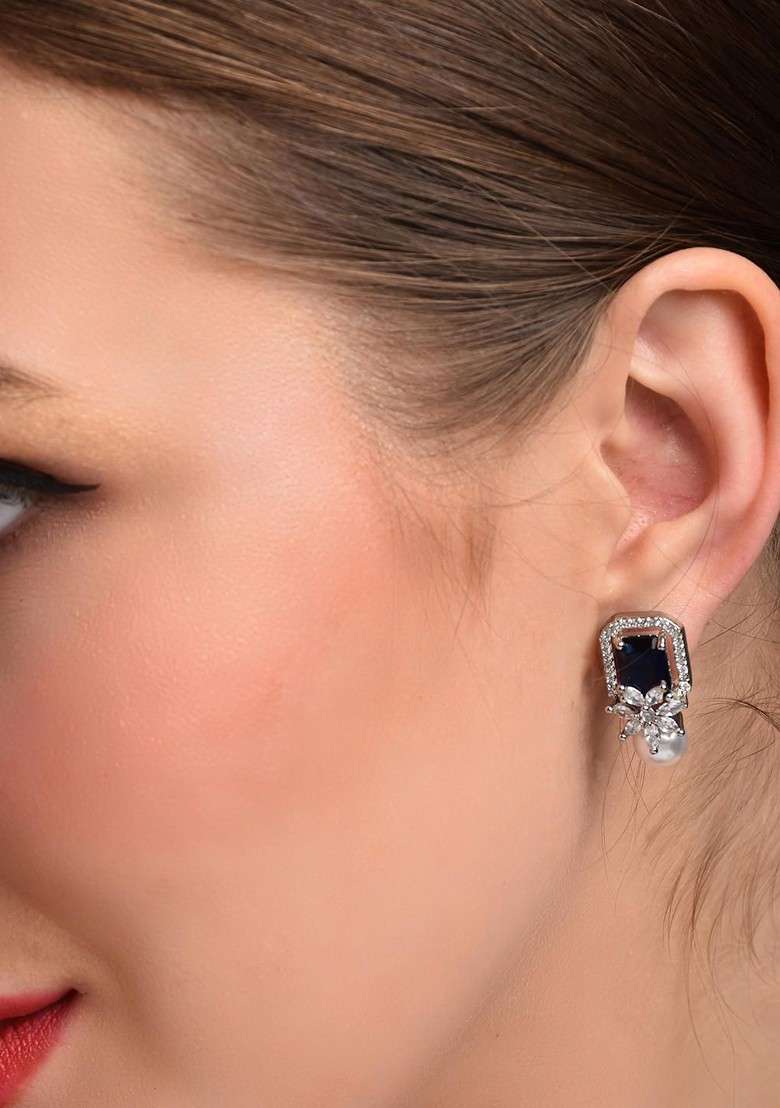Rhodium Plated Sapphire Square Studs - Indya