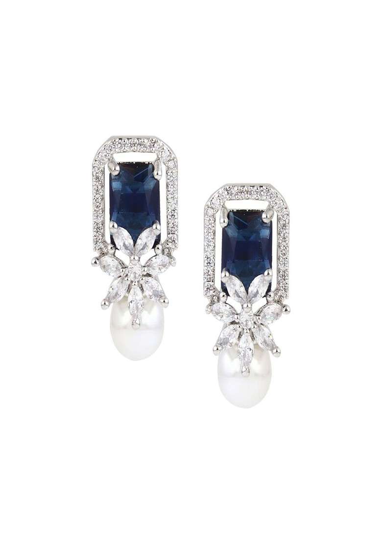 Rhodium Plated Sapphire Square Studs - Indya