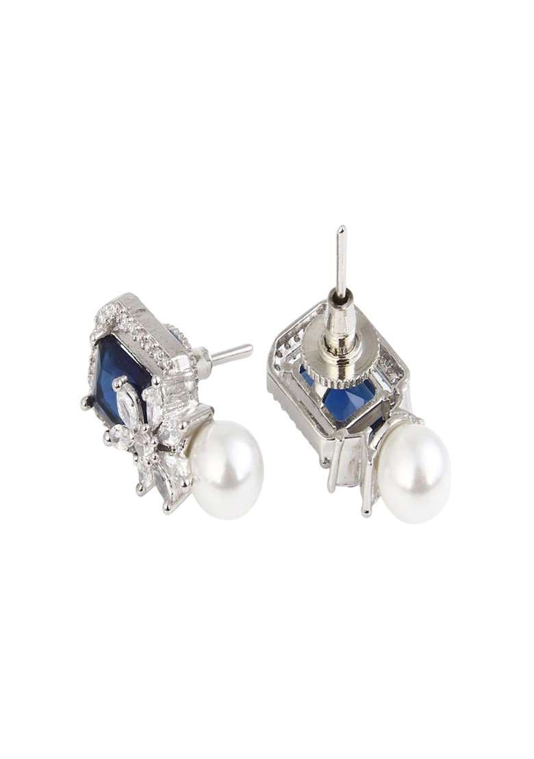 Rhodium Plated Sapphire Square Studs - Indya