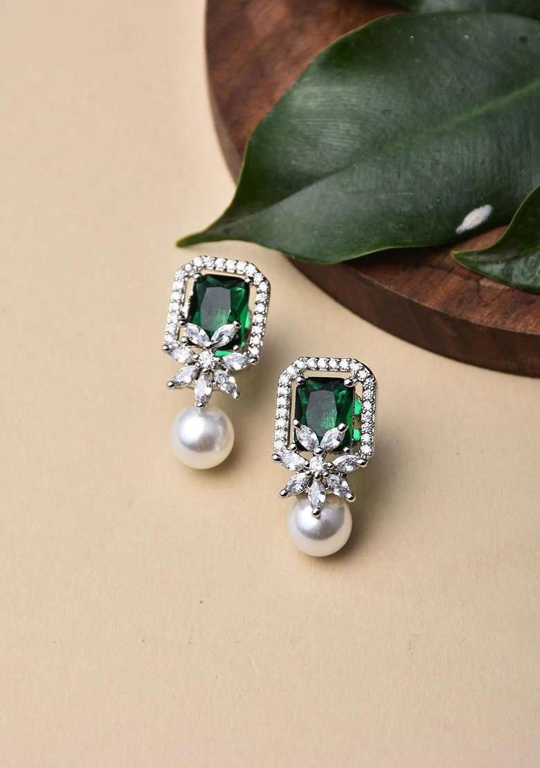 Rhodium Plated Pearls Square Studs - Indya