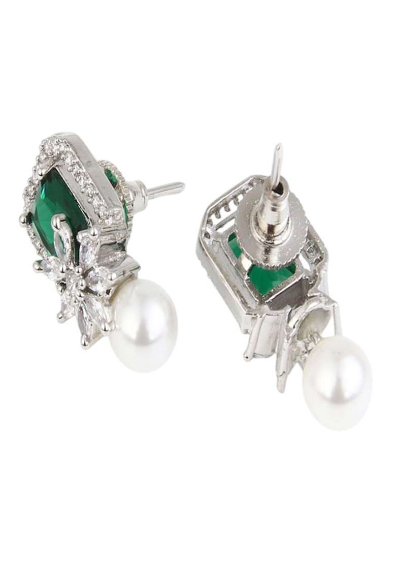 Rhodium Plated Pearls Square Studs - Indya