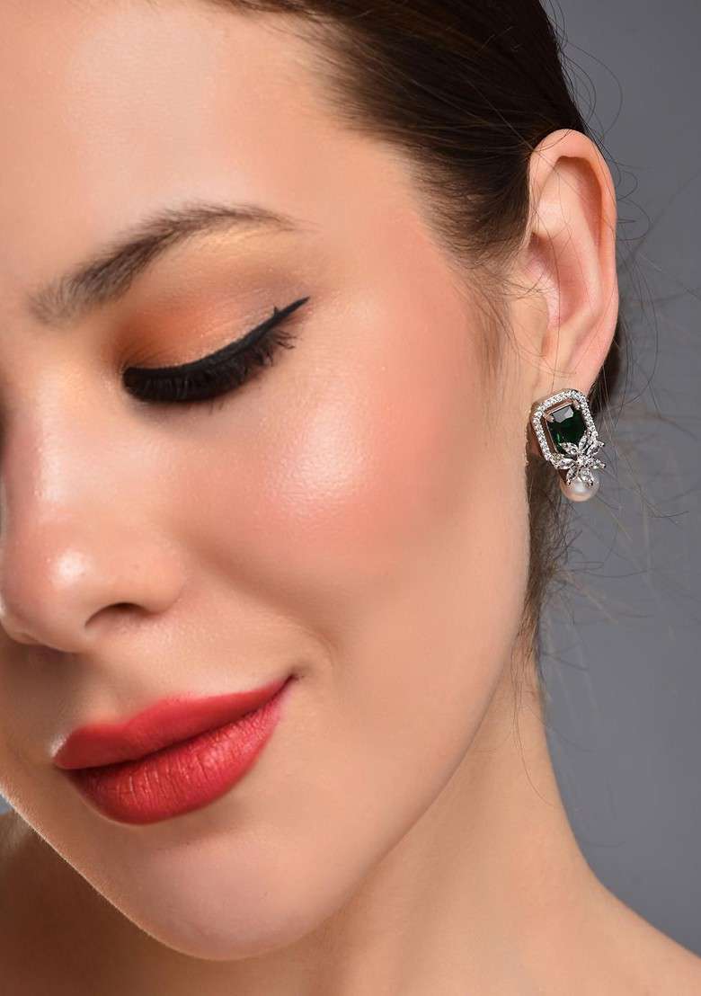 Rhodium Plated Pearls Square Studs - Indya