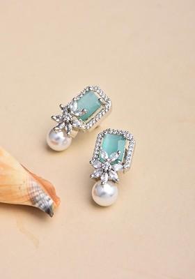 Rhodium Plated Artificial Stones Studded And Pearls Beaded Square Shaped Studs