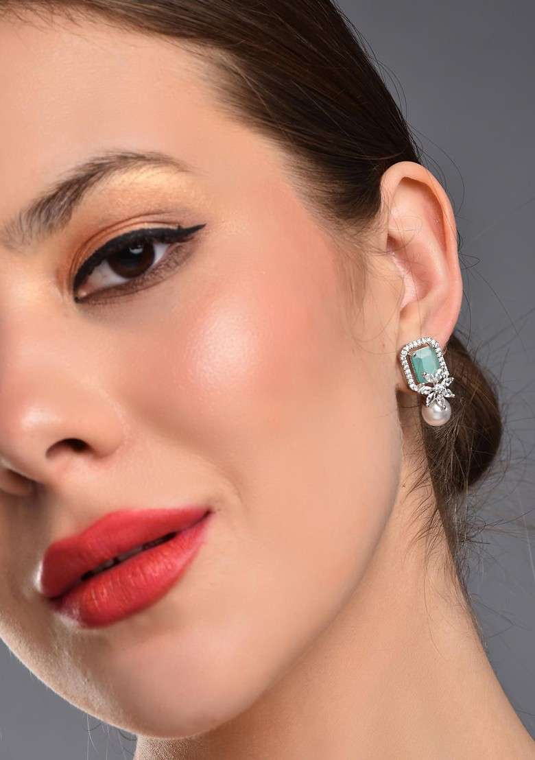Rhodium Plated Artificial Stones Studded And Pearls Beaded Square Shaped Studs - Indya