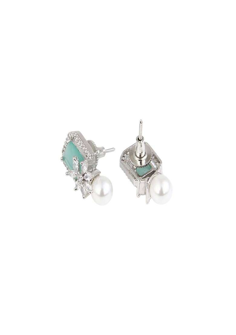 Rhodium Plated Artificial Stones Studded And Pearls Beaded Square Shaped Studs - Indya