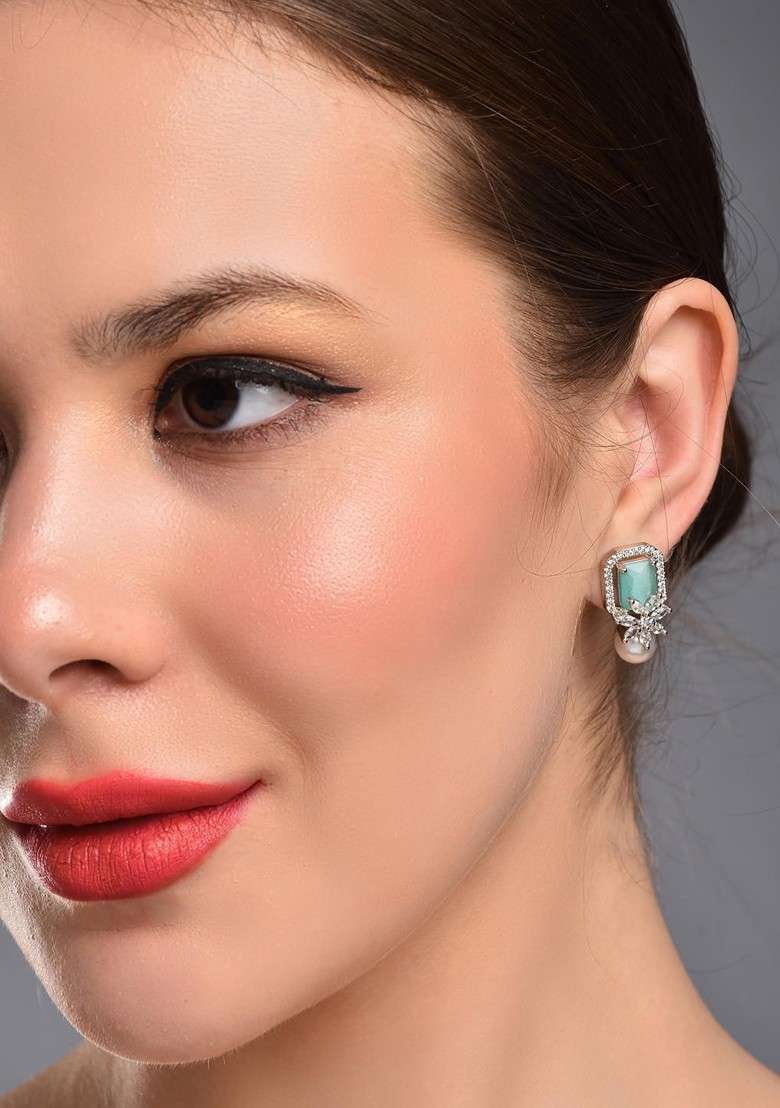 Rhodium Plated Artificial Stones Studded And Pearls Beaded Square Shaped Studs - Indya