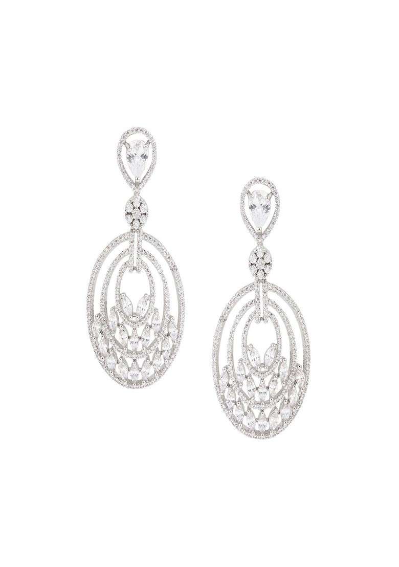 Rhodium Plated Cubic Zirconia Oval Drop Earrings - Indya