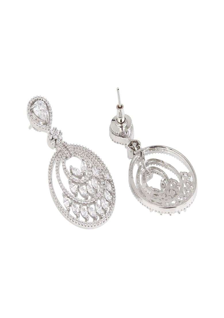 Rhodium Plated Cubic Zirconia Oval Drop Earrings - Indya