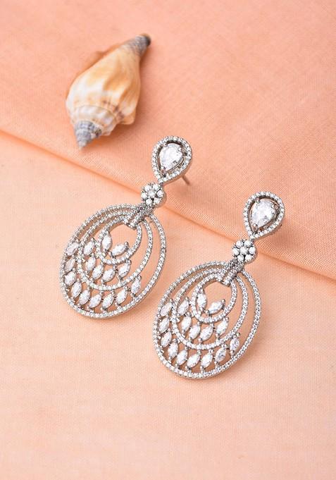 Rhodium Plated Cubic Zirconia Oval Drop Earrings