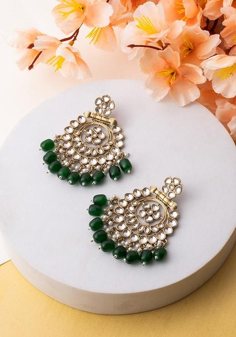 Gold Plated Artificial Stones Studded And Beaded Circular Shaped Drop Earrings