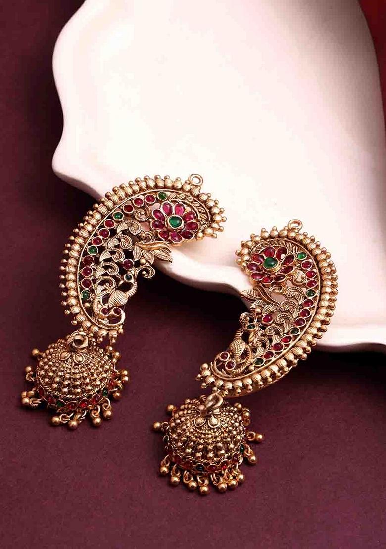 Gold Plated Cubic Zirconia Studded Contemporary Jhumkas Earrings - Indya