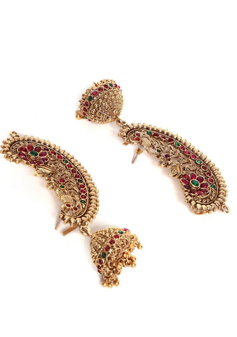 Gold Plated Cubic Zirconia Studded Contemporary Jhumkas Earrings - Indya
