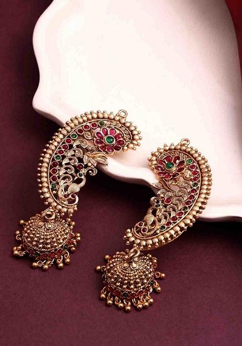 Gold Plated Cubic Zirconia Studded Contemporary Jhumkas Earrings