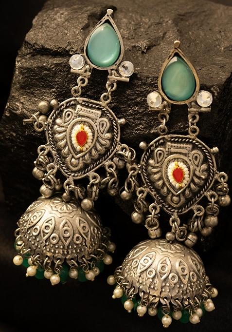 Silver Plated Stones Studded And Beaded Contemporary Oxidised Drop Earrings