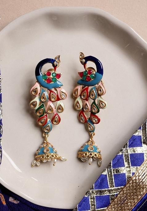 Gold Plated Artificial Stones Studded And Beaded Peacock Shaped Drop Earrings