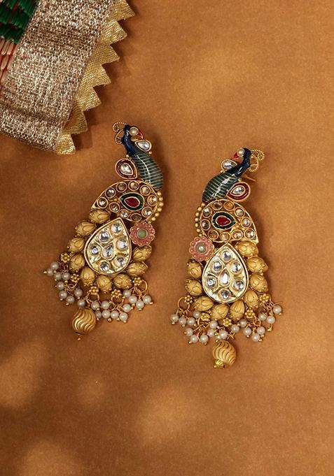 Gold Plated Peacock Shaped Stone Studded and Beaded Drop Earrings