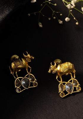 Gold Plated Artificial Stones Studded Cow Shaped Drop Earrings