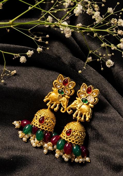Gold Plated Artificial Stone Studded and Beaded Dome Shaped Jhumkas