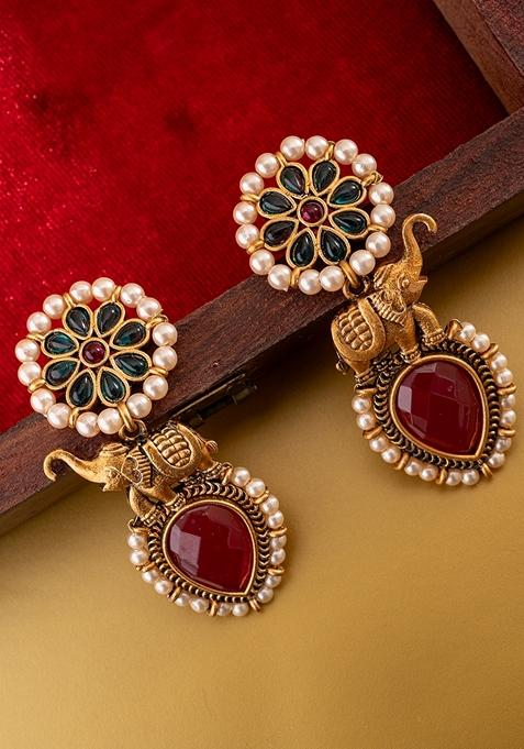 Gold Plated Stones Studded And Beaded Contemporary Shaped Drop Earrings