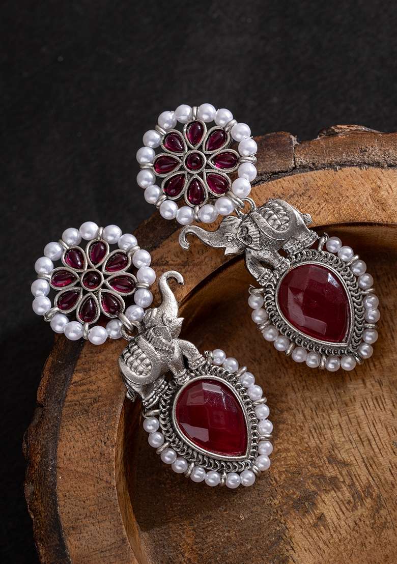 Silver Plated Stones Studded And Beaded Animal Shaped Oxidised Drop Earrings - Indya