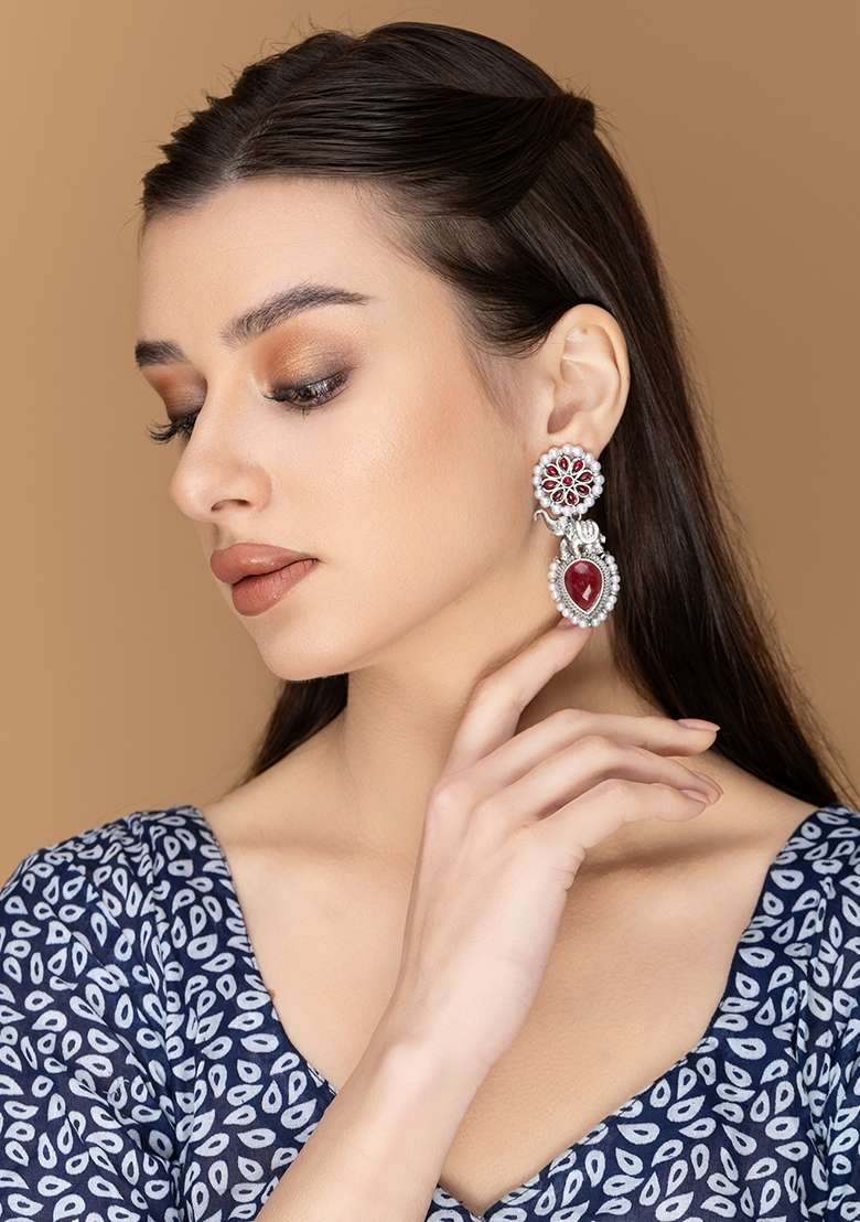 Silver Plated Stones Studded And Beaded Animal Shaped Oxidised Drop Earrings - Indya