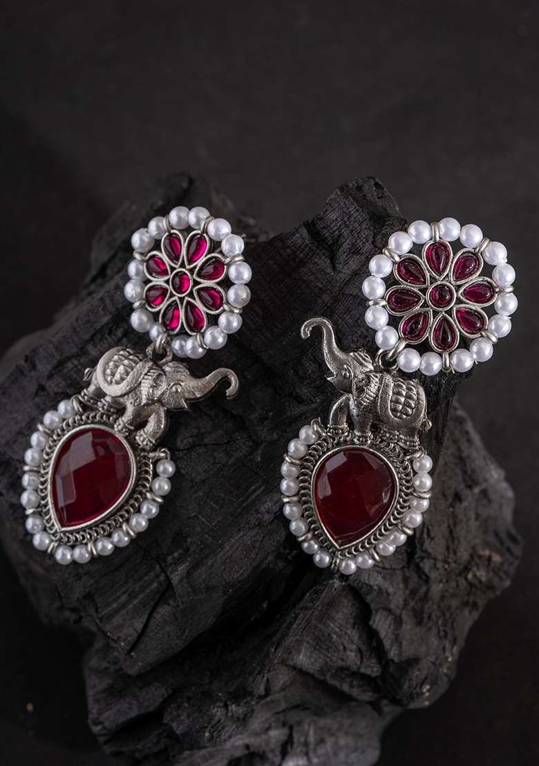 Silver Plated Stones Studded And Beaded Animal Shaped Oxidised Drop Earrings - Indya