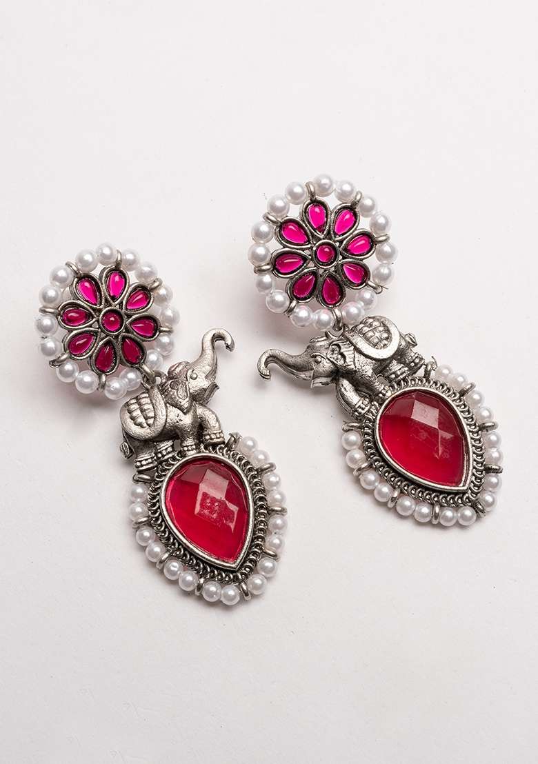 Silver Plated Stones Studded And Beaded Animal Shaped Oxidised Drop Earrings - Indya